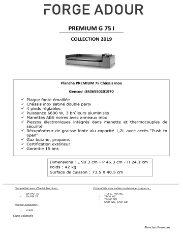 Product information | Forge Adour Premium 75 Inox Plancha gaz Product fiche | Fixfr