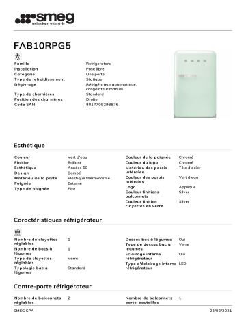 Product information | Smeg FAB10RPG5 Réfrigérateur 1 porte Product fiche | Fixfr