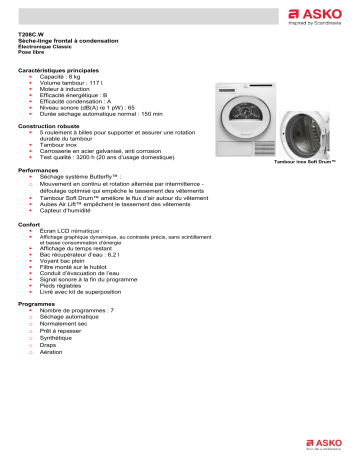 Product information | Asko T208C.W Sèche linge à condensation Product fiche | Fixfr