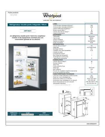 Product information | Whirlpool ART3641 Réfrigérateur 2 portes encastrable Product fiche | Fixfr