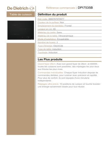 Product information | De Dietrich DPI7535B Table induction Product fiche | Fixfr