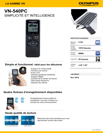 Product information | Olympus VN-540 Dictaphone Product fiche | Fixfr