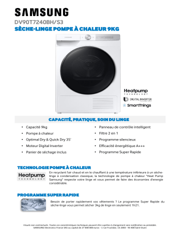 Product information | Samsung DV90T7240BH AIRWASH Sèche linge pompe à chaleur Product fiche | Fixfr