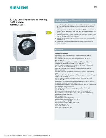 Product information | Siemens WD4HU500FF Lave linge séchant hublot Product fiche | Fixfr