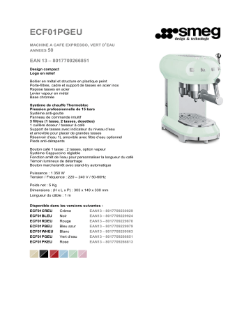 Product information | Smeg ECF01PGEU VERT D'EAU Machine à expresso Product fiche | Fixfr