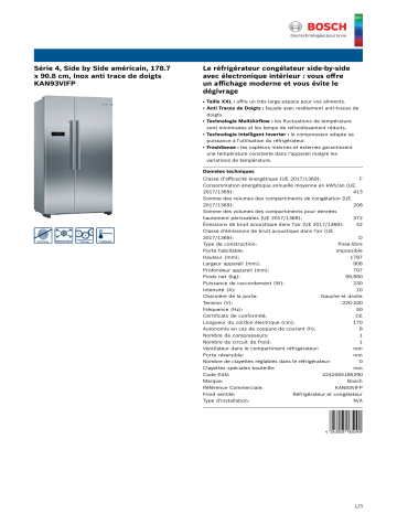 Product information | Bosch KAN93VIFP Réfrigérateur Américain Product fiche | Fixfr