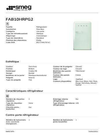 Product information | Smeg FAB10HRPG2 Mini réfrigérateur Product fiche | Fixfr
