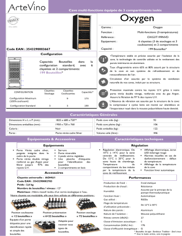 Product information | Artevino Oxygen OXG3T199NVD Cave à vin polyvalente Product fiche | Fixfr