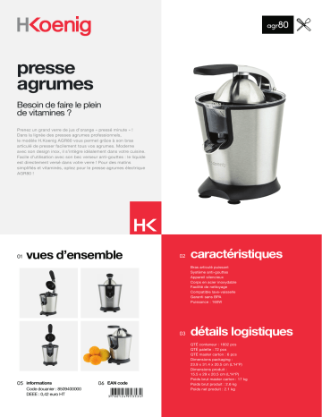 Product information | H.Koenig AGR80 inox Presse-agrumes Product fiche | Fixfr