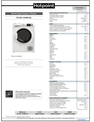 Product information | Hotpoint NTM1191WKEU Sèche linge pompe à chaleur Product fiche | Fixfr