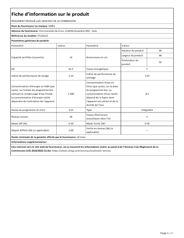 Product information | Smeg STL26123 Lave vaisselle tout intégrable 60 cm Product fiche | Fixfr