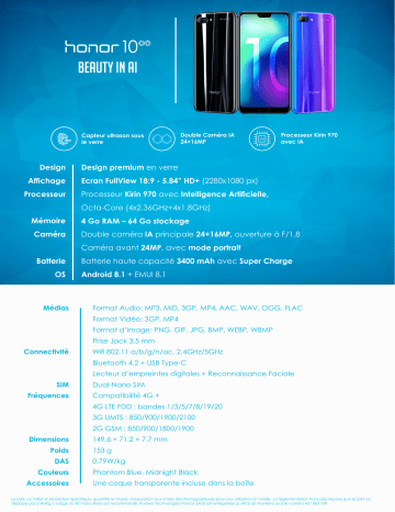 Product information | Honor 10 Phantom Blue Smartphone Product fiche | Fixfr