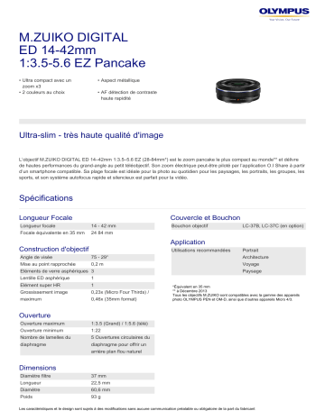 Product information | Olympus Pen E-PL9 Blanc + EZ-M14-42mm EZ Silver Appareil photo Hybride Product fiche | Fixfr