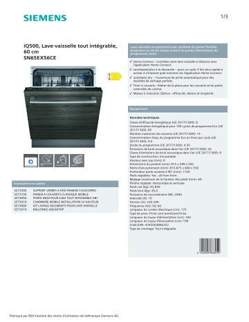 Product information | Siemens SN65EX56CE IQ500 Lave vaisselle tout intégrable 60 cm Product fiche | Fixfr