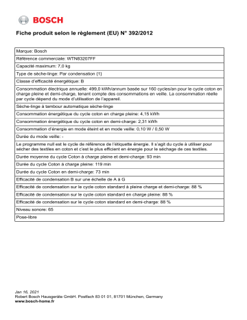 Product information | Bosch WTN83207FF Sèche linge à condensation Product fiche | Fixfr