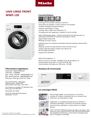 Product information | Miele WWD 120 Lave linge hublot Product fiche | Fixfr