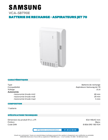 Product information | Samsung Compatible Jet 70 blanc Batterie aspirateur Product fiche | Fixfr