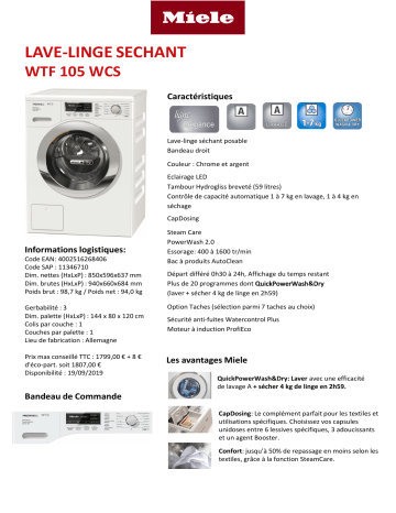Product information | Miele WTF 105 WCS Lave linge séchant hublot Product fiche | Fixfr
