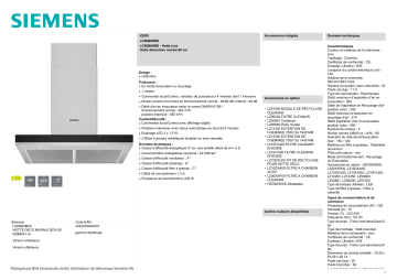 Product information | Siemens LC66BHM50 Hotte décorative murale Product fiche | Fixfr