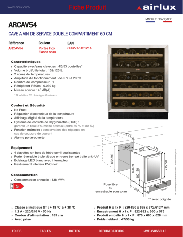 Product information | Airlux ARCAV 54 Cave à vin de service Product fiche | Fixfr