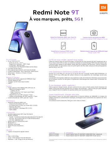Product information | Xiaomi Redmi Note 9T Violet 5G Smartphone Product fiche | Fixfr