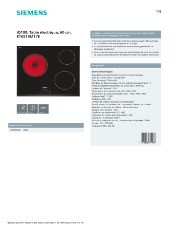 Product information | Siemens ET651BM17E IQ100 Table vitrocéramique Product fiche | Fixfr