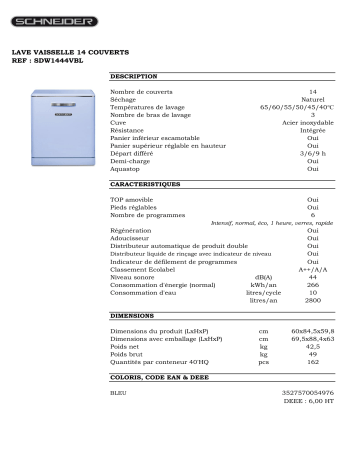 Product information | Schneider SDW1444VBL Vintage bleu Lave vaisselle 60 cm Product fiche | Fixfr