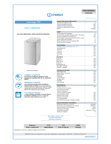 Product information | Indesit BTWCL50300FR/N Lave linge top Product fiche | Fixfr