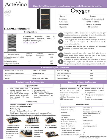 Product information | Artevino Oxygen OXM1T182NVD Cave à vin vieillissement Product fiche | Fixfr