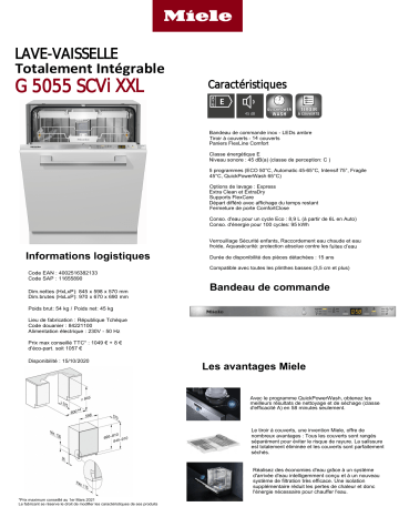 Product information | Miele G 5055 SCVi XXL Lave vaisselle tout intégrable Product fiche | Fixfr