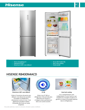 Product information | Hisense RB400N4ACD Réfrigérateur combiné Product fiche | Fixfr