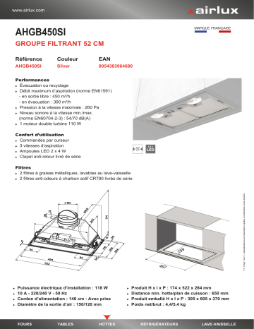 Product information | Airlux AHGB450SI Groupe filtrant Product fiche | Fixfr