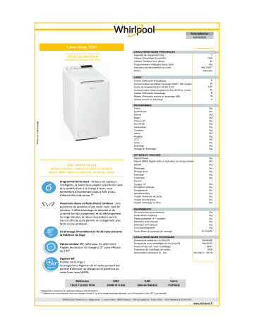 Product information | Whirlpool TDLR7221BSFRN Lave linge top Product fiche | Fixfr