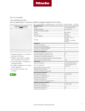 Product information | Miele PG 8110 SmartBiz semi-professionnel Lave vaisselle 60 cm Product fiche | Fixfr