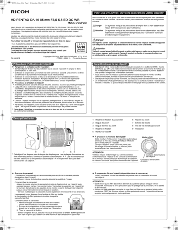 Manuel du propriétaire | Pentax HD DA 16-85mm f/3.5-5.6 ED DC WR Objectif pour Hybride Owner's Manual | Fixfr