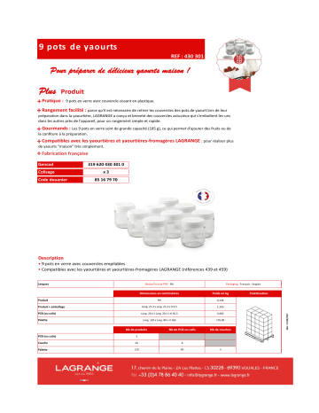 Product information | Lagrange lot de 9 pots yaourtière Pot Product fiche | Fixfr