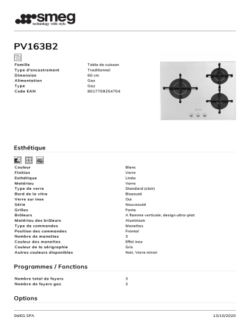 Product information | Smeg PV163B2 Table gaz Product fiche | Fixfr