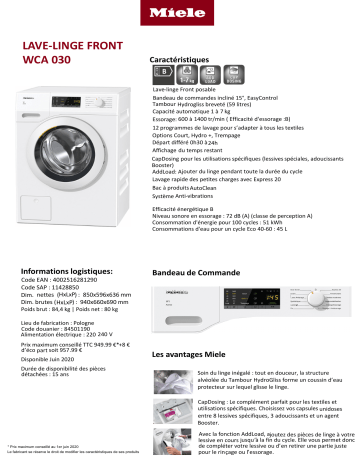 Product information | Miele WCA 030 Lave linge hublot Product fiche | Fixfr