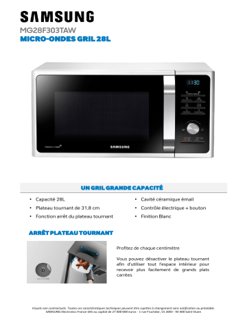 Product information | Samsung MG28F303TA Micro ondes gril Product fiche | Fixfr