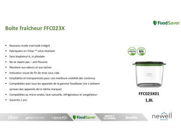 Product information | Food Saver FFC023X01 Boite Fraicheur 1.8L Boîte sous vide Product fiche | Fixfr