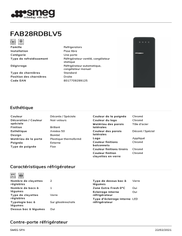 Product information | Smeg FAB28RDBLV5 Réfrigérateur 1 porte Product fiche | Fixfr