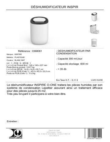 Product information | Inspire 06368081 Deshumidificateur Product fiche | Fixfr