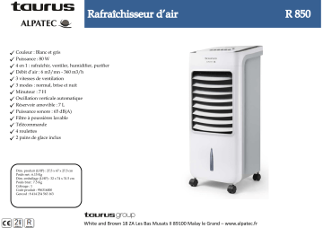 Product information | Taurus R 850 Rafraîchisseur d'air Product fiche | Fixfr