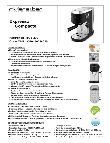 Product information | Riviera Et Bar BCE290 Compacte Machine à expresso Product fiche | Fixfr