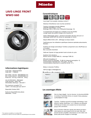 Product information | Miele WWD 660 TwinDos Lave linge hublot Product fiche | Fixfr