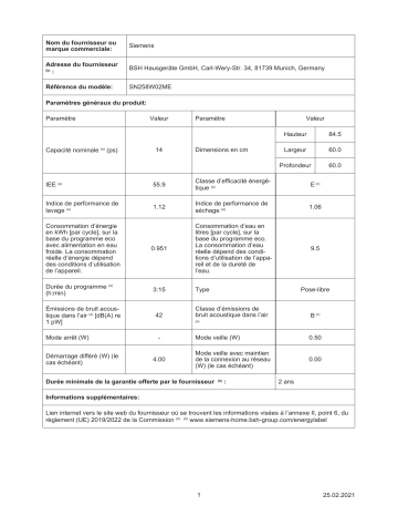 Product information | Siemens SN258W02ME IQ500 Lave vaisselle 60 cm Product fiche | Fixfr