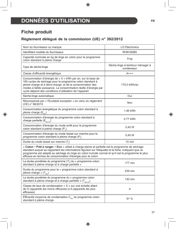 Product information | LG RH9V92BS DUAL Inverter Heat Pump Sèche linge pompe à chaleur Product fiche | Fixfr