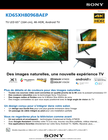 Product information | Sony KD65XH8096 Android TV TV LED Product fiche | Fixfr