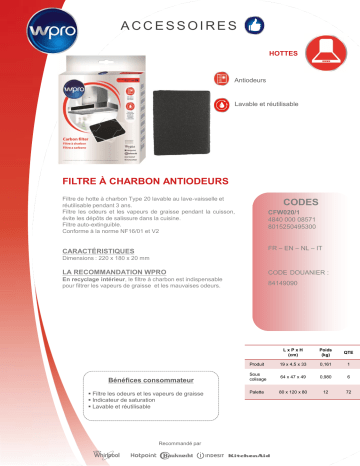 Product information | Wpro CFW020/1 Filtre hotte Product fiche | Fixfr