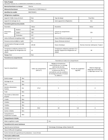 Product information | Hisense RB327N4WC1 Réfrigérateur combiné Product fiche | Fixfr